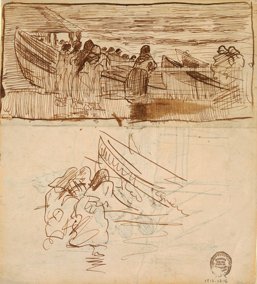 Two Studies of Women Standing behind Railing, Looking at the Launching of Dories, Cullercoats, England