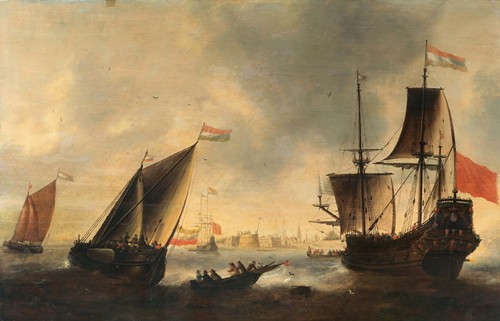 Dutch ships and boats at sea, a city beyond
