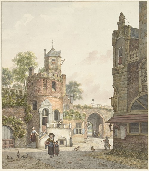 Stadsmuur met een toren en een poort, van binnen gezien