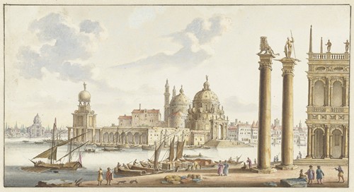 Gezicht op de Sta. Maria della Salute vanaf het S. Marcoplein te Venetië