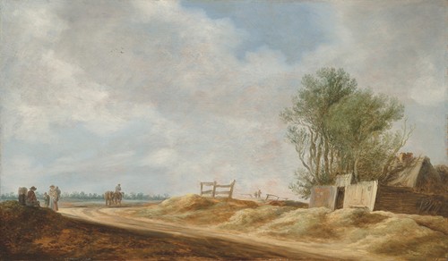 An extensive landscape with a cottage and travellers on an open road