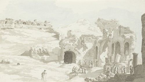 Gezicht op een gedeelte van het toneel en de muur daarachter van het theater van Taormine