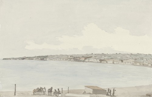 Gezicht op het voorgebergte Pausilype met oude paleis van koningin Jeanne en platteland van Sannazar vanaf het balkon van de herberg