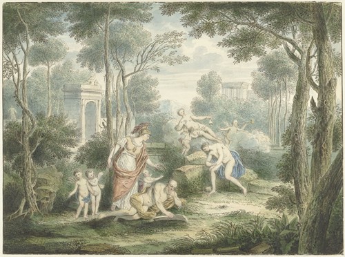 Arcadisch landschap met Athene die een oude man kroont en Venus en Adonis