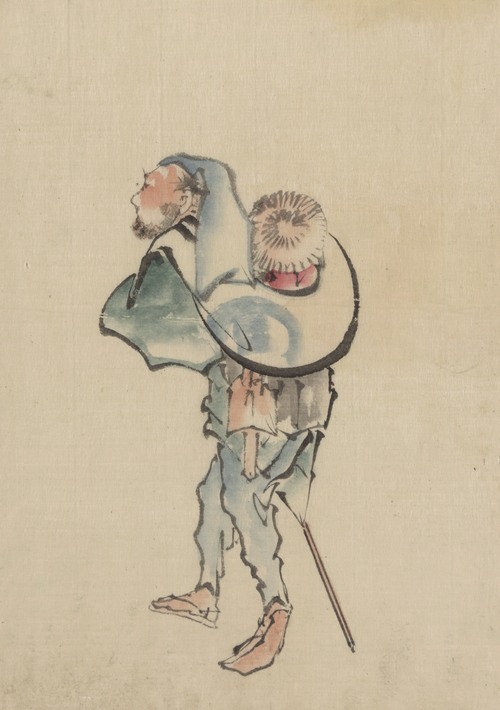 A man walking to the left, with a large hat resting on his back and wearing sandals, holding a short staff possibly used to propell a boat