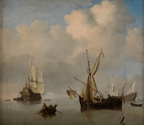 Mer calme; deux petits cabotiers néerlandais à l’ancre bord-à-bord. Marine