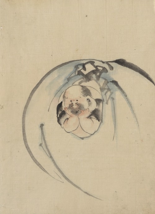 Hotei, the god of good fortune, one of the seven lucky gods, facing front with his head resting on his hands