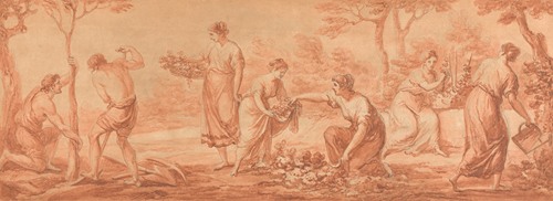 A Frieze; Men Planting Trees, Women Gathering Blossoms and Watering Flowers