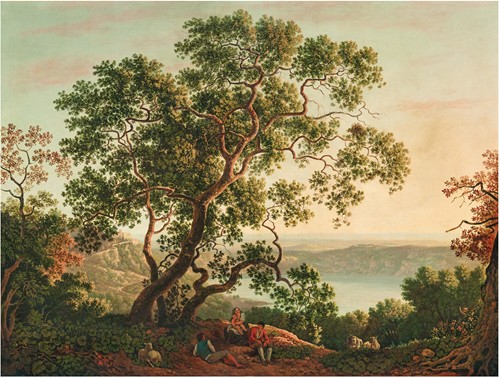 The Lago Nemi at twilight with figures and a flock of goats resting in the foreground