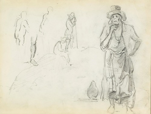 Man with his hand to his chin, with sketches of men in profile and a leg