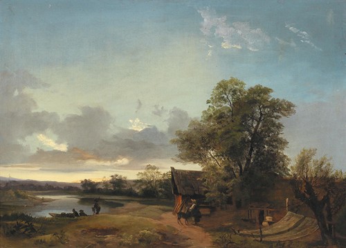 River Landscape in the Evening Light with decorative figures