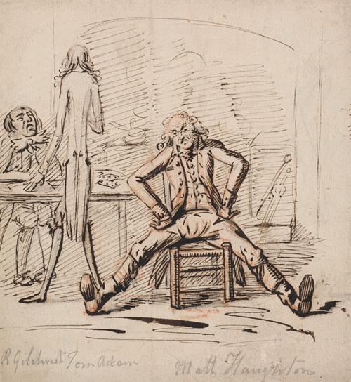 Three Men in a Room; Gilchrist Seated at a Table, Tom Adam standing, Seen from Behind, and Matt Haughton seated Legs Outspread and Arms Akimbo before a Fire