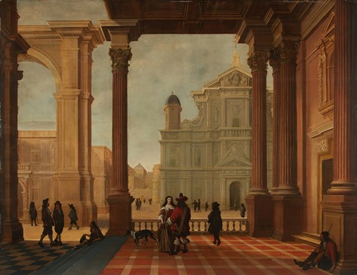 An architectural capriccio with elegant figures and a church beyond