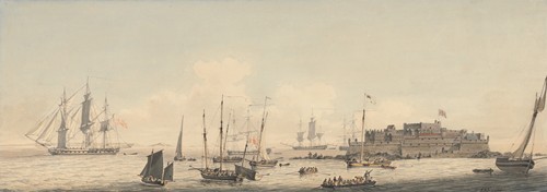 View of Castle Cornet, Guernsey, Channel Islands, with Shipping