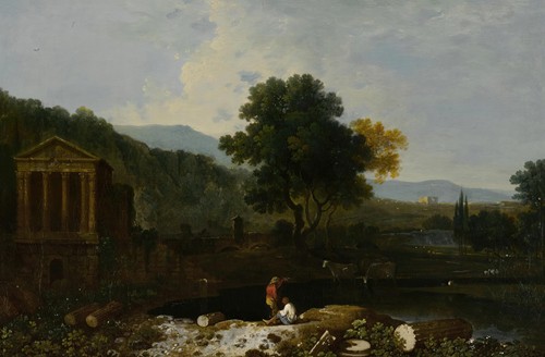 An Italian river scene, with the Temple of Clitumnus and ruins, two figures and cows