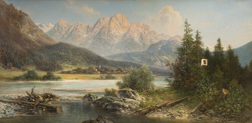 River landscape at the foot of the Alps