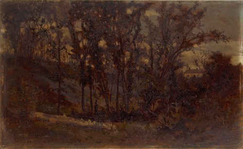 Untitled (forest scene, fallen tree in foreground and house in background)