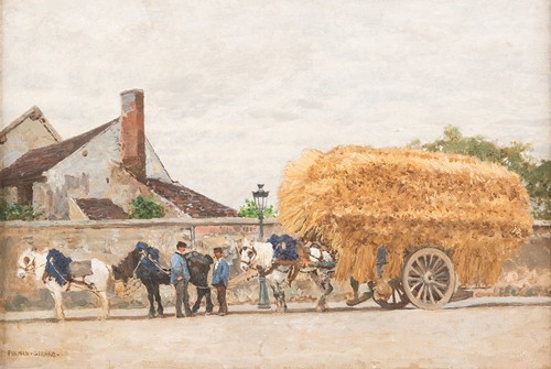 Hay cart by the city