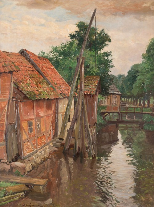 View of a village with stream