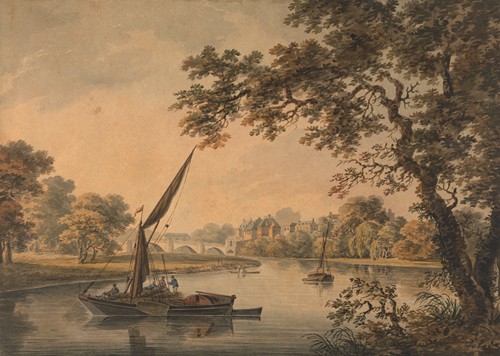 A Bridge over the Thames, with sailing barges in the foreground