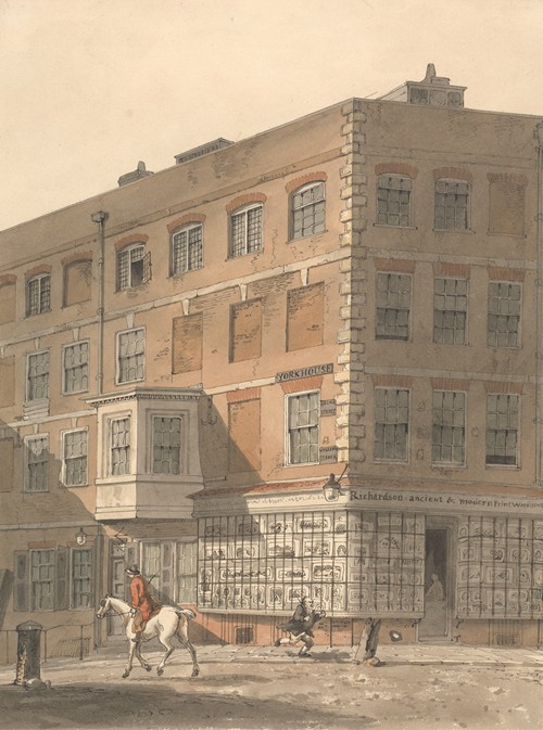 York House, the corner of Villiers Street and the Strand, with Richardson’s Ancient and Modern Print Warehouse in the Foreground
