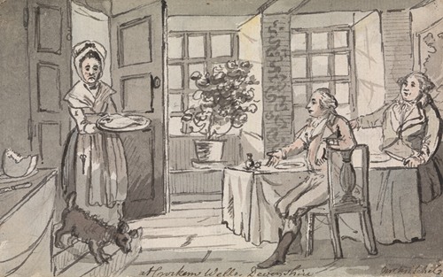 Figures Seated at a Table Being Served Food, Crockem Wells, Devonshire