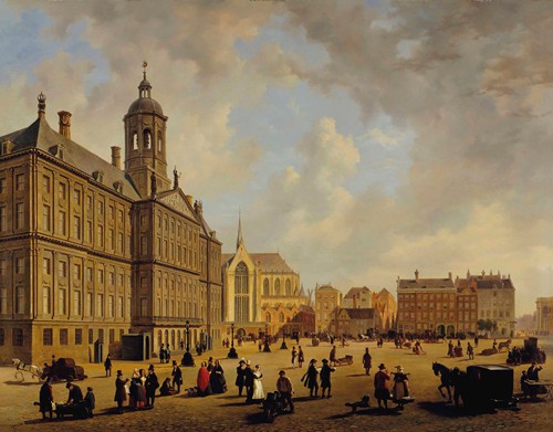 A bustling day in front of the City hall on the Dam Square, the Nieuwe Kerk in the distance, Amsterdam
