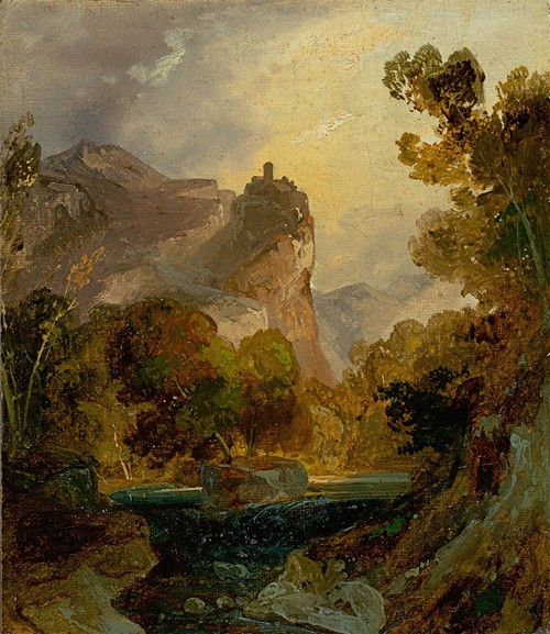 View of a river valley in the mountains with a castle on a high rock