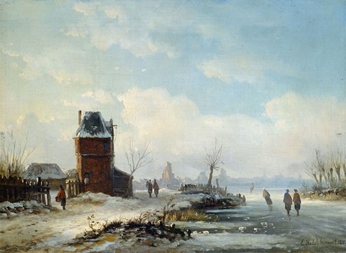 Winterliche Kanallandschaft mit Blick auf eine holländische Stadt