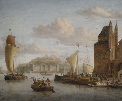 Nördlicher Hafen an einem Schloss mit zahlreichen Lastbooten und Kaufleuten