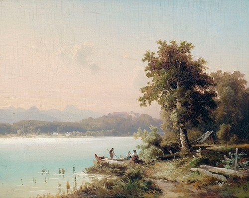 Partie am Chiemsee mit Blick auf die Herreninsel am frühen Morgen