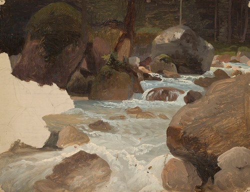 Mountain stream in the forest, sketch