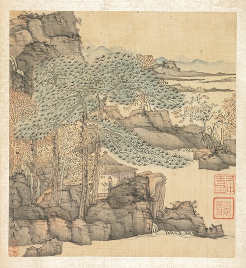 Scholar Reading in a Thatched Hut by a Waterfall