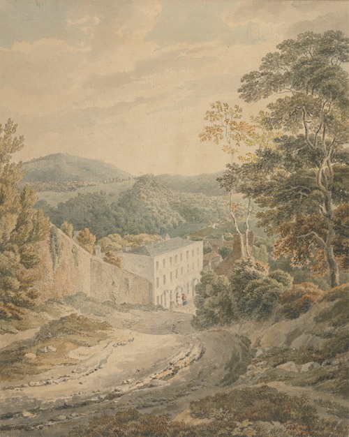 Landscape, Looking Downhill to a Village Dominated by a Large Three-Storied Stone House