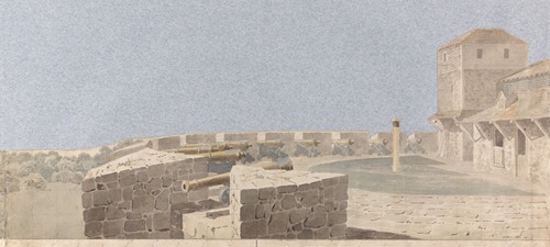 Study for a Stage Set; a Fortress with Cannon and Buildings