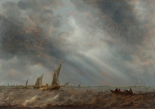Various sailing vessels and a rowing boat with fishermen on choppy waters under a stormy sky