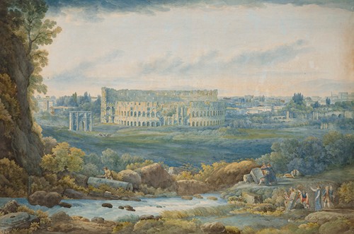 An extensive view of the Colosseum and the Arch of Constantine, with figures in the foreground