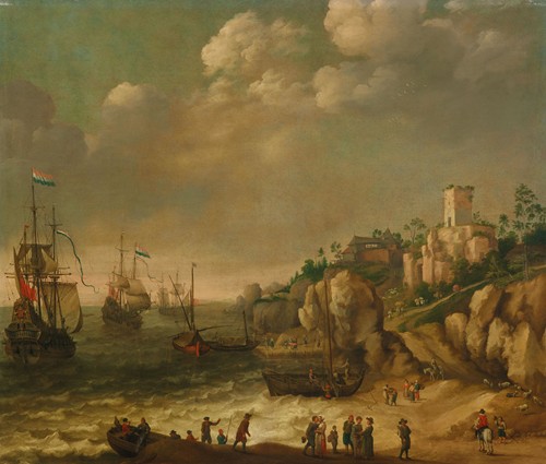 Dutch ships in front of a rocky coast with figures, buildings beyond
