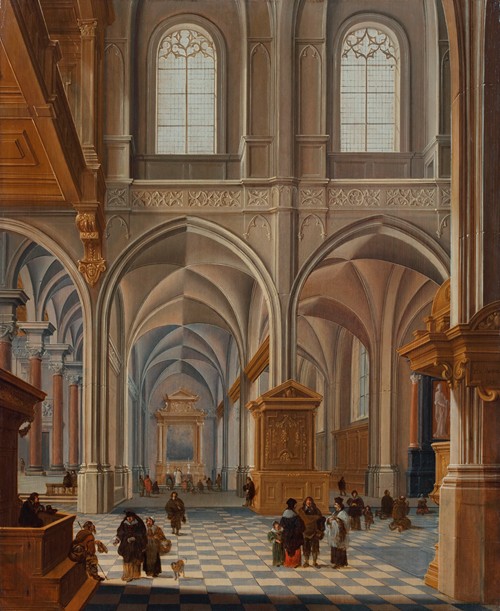 Interior of a church with elegantly dressed figures, friars and a clergyman