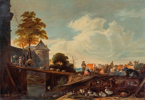 A cattle market on the outskirts of a walled town, with figures and animals crossing a bridge