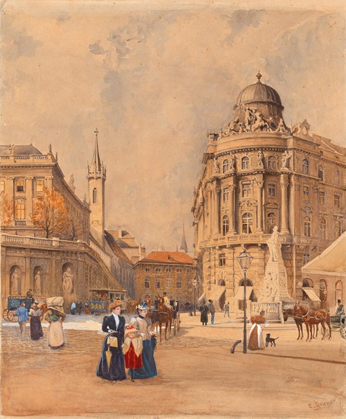 Old Albrechtsplatz (today Albertinaplatz) in Vienna with the Philipphof and the Mozart monument