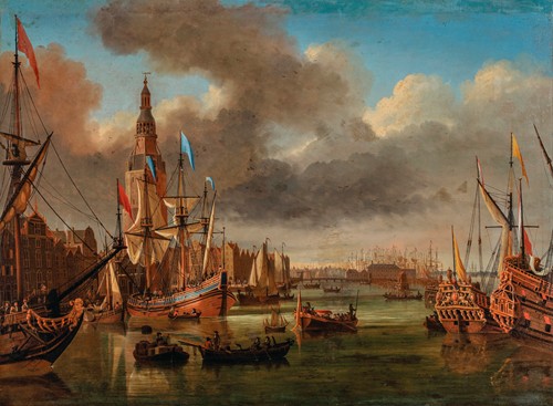 A view of the IJ, Amsterdam, with the Haringpakkerstoren and the Nieuwe Stadsherberg in the distance