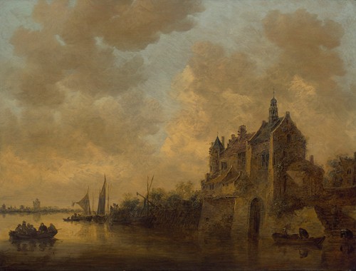 A river landscape with a manor house, rowing boats and other vessels