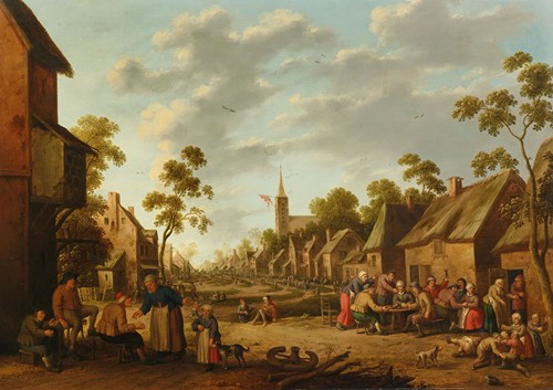 A village kermesse with people eating and drinking outside and children fighting on the ground
