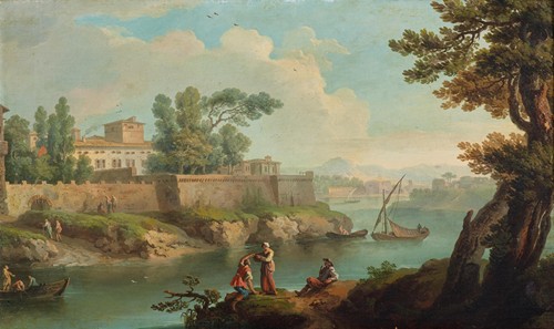 A river landscape with fishermen and travellers at rest by a fortified village