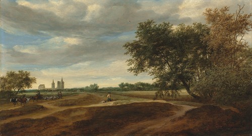 A wooded landscape with a herdsman on horseback driving his cattle and shepherds with their flock