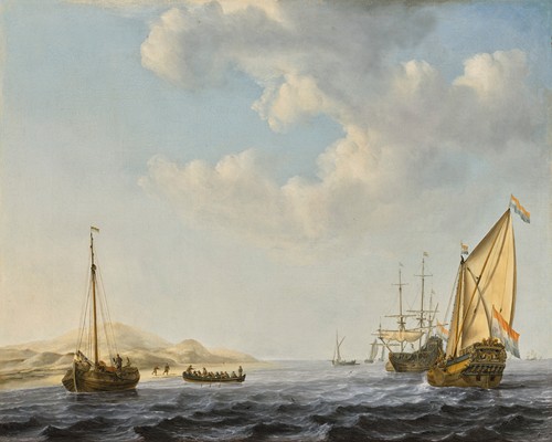 An Amsterdam States Yacht at anchor near the shore, with other boats in choppy waters