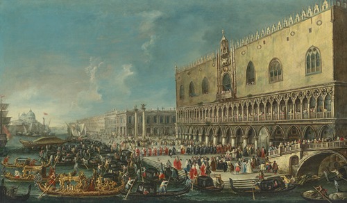 The Molo, Venice, looking west with the reception of the Papal Nuncio Carlo Gaetano Stampa (1667–1742), later Cardinal-Archbishop of Milan, at the Doge’s Palace on 15 July 1721