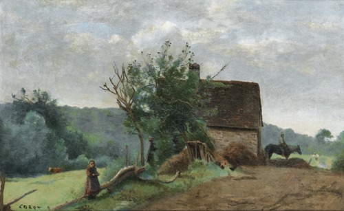 Cour de ferme avec un cavalier et une petite fille au premier plan