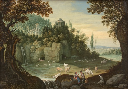 Diseuse de bonne aventure dans un paysage et Couple de bergers et leur troupeau dans un paysage